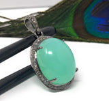 Chrysoprase Pendant, Gemstone Pendant, Silver Pendant, Chrysoprase Diamond Pendant, Pave Diamond Pendant, Sterling Silver Pendant