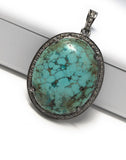 Silver Turquoise Pave Diamond Pendant, Tibetan Turquoise Gemstone Jewelry, Chakra Healing December Birthstone Pendant, Spiritual Jewelry