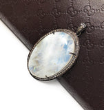 Moonstone Pendant, Gemstone Pendant, Diamond Pendant, Silver Pendant, Pave Diamond Pendant, Oxidized Silver Rainbow Moonstone Pendant