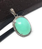 Chrysoprase Pendant, Gemstone Pendant, Silver Pendant, Chrysoprase Diamond Pendant, Pave Diamond Pendant, Sterling Silver Pendant