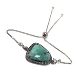 Natural Emerald Pave Diamond Bracelet, Emerald Bracelet, Oxidized Sterling Silver Adjustable Bolo Bracelet, Gemstone Bracelet