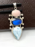 Larimar Pendant, Labradorite Pendant, Pink Opal Wire Wrapped Pendant, Gemstone Pendant, Silver Jewelry Gifts for Her, Bohemian Jewelry