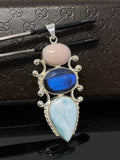 Larimar Pendant, Labradorite Pendant, Pink Opal Wire Wrapped Pendant, Gemstone Pendant, Silver Jewelry Gifts for Her, Bohemian Jewelry
