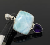 Natural Larimar and Amethyst Gemstone Pendant, Sterling Silver Jewelry, Larimar Pendant, Amethyst Pendant, Bohemian Jewelry
