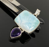 Natural Larimar and Amethyst Gemstone Pendant, Sterling Silver Jewelry, Larimar Pendant, Amethyst Pendant, Bohemian Jewelry