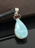 Natural Larimar and Garnet Gemstone Pendant, Sterling Silver Jewelry, Larimar Pendant, Garnet Pendant, Bohemian Jewelry