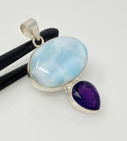 Natural Larimar and Amethyst Gemstone Pendant, Sterling Silver Jewelry, Larimar Pendant, Amethyst Pendant, Bohemian Jewelry