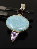 Natural Larimar, Garnet and Amethyst Gemstone Pendant, Sterling Silver Jewelry, Spiritual Chakra Healing Crystal Jewelry, Birthstone Jewelry