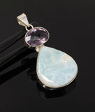 Natural Larimar and Amethyst Gemstone Pendant, Sterling Silver Jewelry, Larimar Pendant, Amethyst Pendant, Bohemian Jewelry