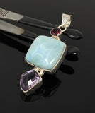 Natural Larimar, Garnet and Amethyst Gemstone Pendant, Sterling Silver Jewelry, Larimar Pendant, Amethyst Pendant, Bohemian Jewelry