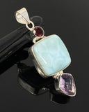 Natural Larimar, Garnet and Amethyst Gemstone Pendant, Sterling Silver Jewelry, Larimar Pendant, Amethyst Pendant, Bohemian Jewelry