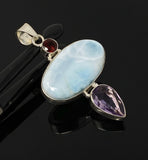 Natural Larimar, Garnet and Amethyst Gemstone Pendant, Sterling Silver Jewelry, Larimar Pendant, Amethyst Pendant, Bohemian Jewelry