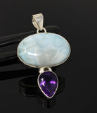 Natural Larimar and Amethyst Gemstone Pendant, Sterling Silver Jewelry, Larimar Pendant, Amethyst Pendant, Bohemian Jewelry
