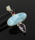 Natural Larimar, Garnet and Amethyst Gemstone Pendant, Sterling Silver Jewelry, Larimar Pendant, Amethyst Pendant, Bohemian Jewelry