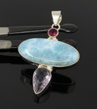 Natural Larimar, Garnet and Amethyst Gemstone Pendant, Sterling Silver Jewelry, Larimar Pendant, Amethyst Pendant, Bohemian Jewelry