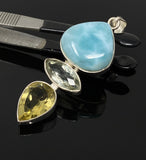 Gemstone Pendant - Larimar, Prasiolite and Lemon Quartz, Bohemian Jewelry, Larimar Pendant, Sterling Silver Jewelry