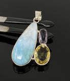 Gemstone Pendant - Larimar, Amethyst and Lemon Quartz, Bohemian Jewelry, Larimar Pendant, Sterling Silver Jewelry