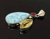 Gemstone Pendant - Larimar, Ruby and Lemon Quartz, Bohemian Jewelry, Larimar Pendant, Sterling Silver Jewelry