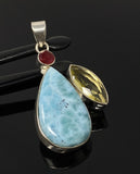 Gemstone Pendant - Larimar, Ruby and Lemon Quartz, Bohemian Jewelry, Larimar Pendant, Sterling Silver Jewelry