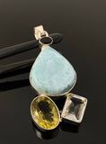 Gemstone Pendant - Larimar, Smokey Quartz and Lemon Quartz, Bohemian Jewelry, Larimar Pendant, Sterling Silver Jewelry