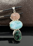 Larimar Gemstone Pendant with Emerald and Morganite , Wire Wrapped Pendant, Silver Jewelry Gifts for Her, Bohemian Jewelry