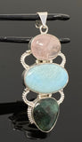 Larimar Gemstone Pendant with Emerald and Morganite , Wire Wrapped Pendant, Silver Jewelry Gifts for Her, Bohemian Jewelry