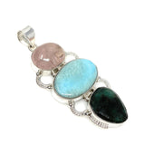Larimar Gemstone Pendant with Emerald and Morganite , Wire Wrapped Pendant, Silver Jewelry Gifts for Her, Bohemian Jewelry