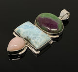 Larimar Gemstone Pendant with Ruby Zoisite and Pink Opal, Wire Wrapped Pendant, Silver Jewelry Gifts for Her, Bohemian Jewelry