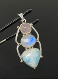 Larimar Gemstone Pendant with Morganite and Moonstone , Wire Wrapped Pendant, Silver Jewelry Gifts for Her, Bohemian Jewelry