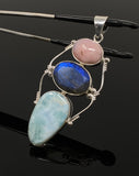 Gemstone Pendant - Larimar, Pink Opal and Labradorite , Wire Wrapped Pendant, Silver Jewelry Gifts for Her, Bohemian Jewelry