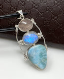 Larimar Gemstone Pendant with Morganite and Moonstone , Wire Wrapped Pendant, Silver Jewelry Gifts for Her, Bohemian Jewelry