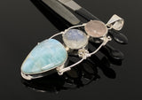 Larimar Gemstone Pendant with Morganite and Moonstone , Wire Wrapped Pendant, Silver Jewelry Gifts for Her, Bohemian Jewelry