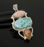 Gemstone Pendant - Larimar, Sunstone and Pink Opal, Wire Wrapped Pendant, Silver Jewelry Gifts for Her, Bohemian Jewelry
