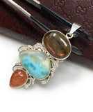 Gemstone Pendant - Larimar, Sunstone and Labradorite, Wire Wrapped Pendant, Silver Jewelry Gifts for Her, Bohemian Jewelry