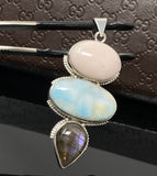 Gemstone Pendant - Larimar, Pink Opal and Labradorite , Wire Wrapped Pendant, Silver Jewelry Gifts for Her, Bohemian Jewelry