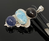 Gemstone Pendant - Larimar, Cats Eye and Tanzanite, Wire Wrapped Pendant, Silver Jewelry Gifts for Her, Bohemian Jewelry