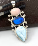 Larimar Pendant, Labradorite Pendant, Pink Opal Wire Wrapped Pendant, Gemstone Pendant, Silver Jewelry Gifts for Her, Bohemian Jewelry