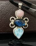 Larimar Pendant, Labradorite Pendant, Pink Opal Wire Wrapped Pendant, Gemstone Pendant, Silver Jewelry Gifts for Her, Bohemian Jewelry