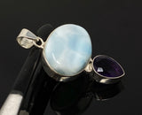 Natural Larimar and Amethyst Gemstone Pendant, Sterling Silver Jewelry, Larimar Pendant, Amethyst Pendant, Bohemian Jewelry