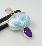 Natural Larimar and Amethyst Gemstone Pendant, Sterling Silver Jewelry, Larimar Pendant, Amethyst Pendant, Bohemian Jewelry