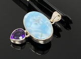 Natural Larimar and Amethyst Gemstone Pendant, Sterling Silver Jewelry, Larimar Pendant, Amethyst Pendant, Bohemian Jewelry