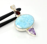 Natural Larimar, Garnet and Amethyst Gemstone Pendant, Sterling Silver Jewelry, Spiritual Chakra Healing Crystal Jewelry, Birthstone Jewelry