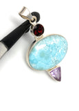 Natural Larimar, Garnet and Amethyst Gemstone Pendant, Sterling Silver Jewelry, Spiritual Chakra Healing Crystal Jewelry, Birthstone Jewelry