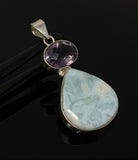 Natural Larimar and Amethyst Gemstone Pendant, Sterling Silver Jewelry, Larimar Pendant, Amethyst Pendant, Bohemian Jewelry