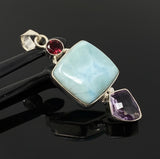 Natural Larimar, Garnet and Amethyst Gemstone Pendant, Sterling Silver Jewelry, Larimar Pendant, Amethyst Pendant, Bohemian Jewelry