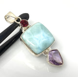 Natural Larimar, Garnet and Amethyst Gemstone Pendant, Sterling Silver Jewelry, Larimar Pendant, Amethyst Pendant, Bohemian Jewelry