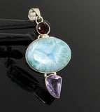 Natural Larimar, Garnet and Amethyst Gemstone Pendant, Sterling Silver Jewelry, Larimar Pendant, Amethyst Pendant, Bohemian Jewelry