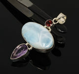 Natural Larimar, Garnet and Amethyst Gemstone Pendant, Sterling Silver Jewelry, Larimar Pendant, Amethyst Pendant, Bohemian Jewelry