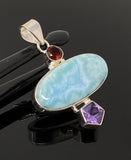 Natural Larimar, Garnet and Amethyst Gemstone Pendant, Sterling Silver Jewelry, Larimar Pendant, Amethyst Pendant, Bohemian Jewelry