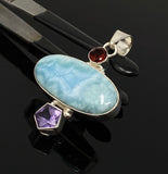 Natural Larimar, Garnet and Amethyst Gemstone Pendant, Sterling Silver Jewelry, Larimar Pendant, Amethyst Pendant, Bohemian Jewelry